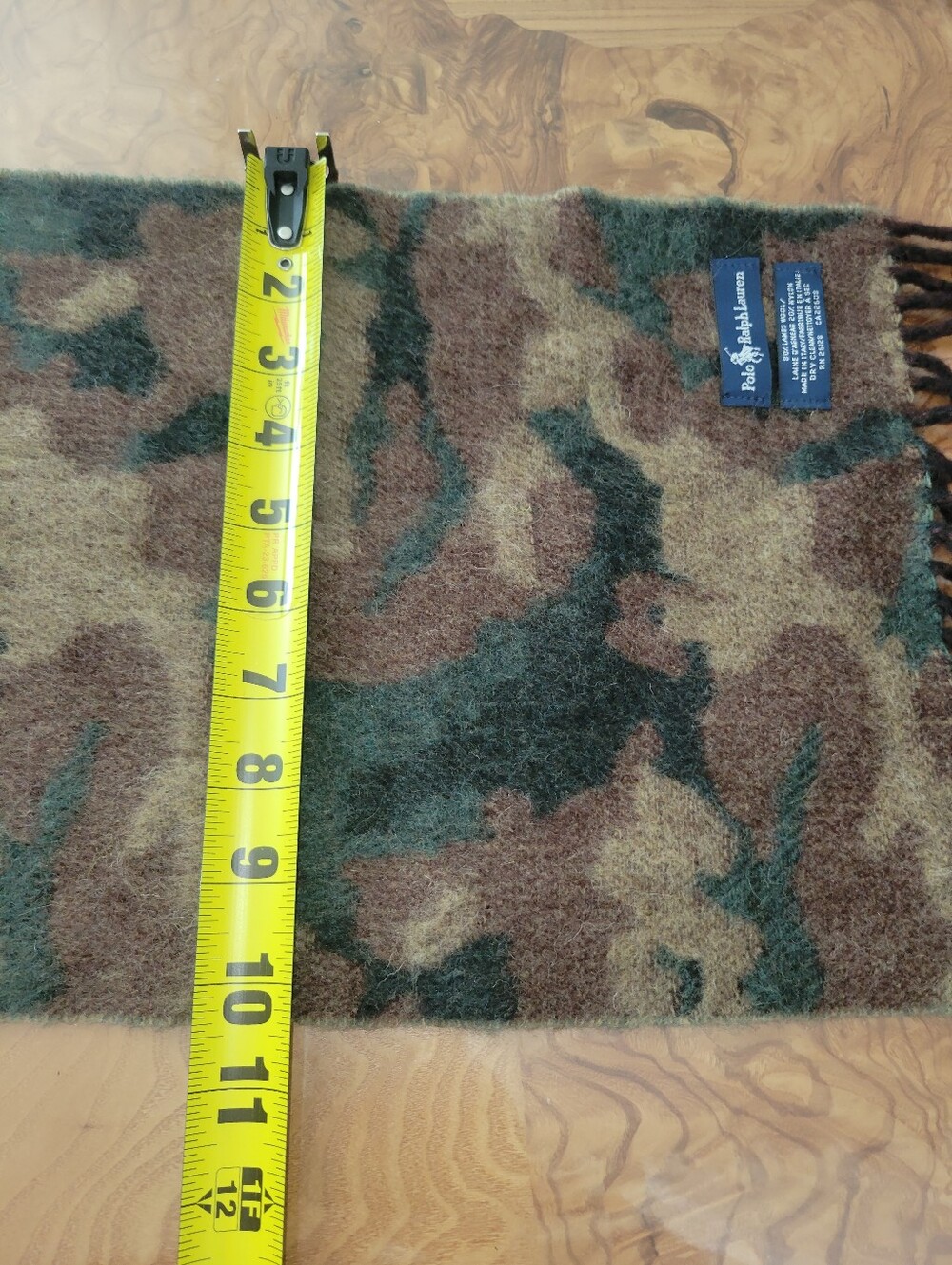 Polo Ralph Lauren Camo Scarf Made in Italy Lambswool Blend Fringed Woodland - Picture 5 of 6
